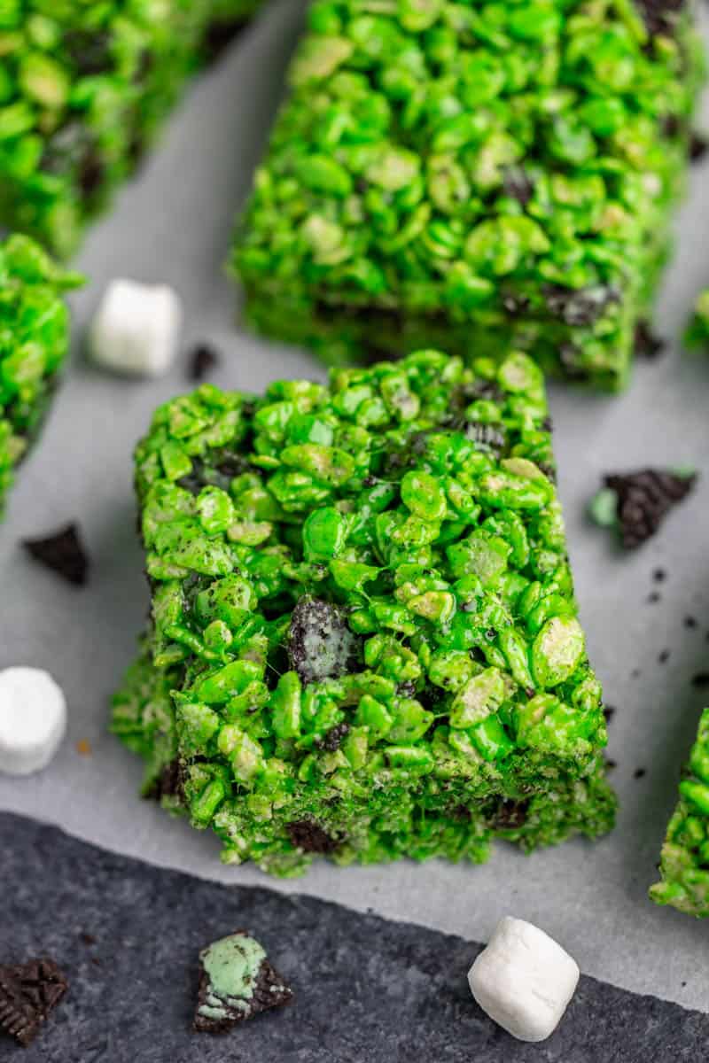 Close up overhead view of Oreo grasshopper Rice Krispie treats.