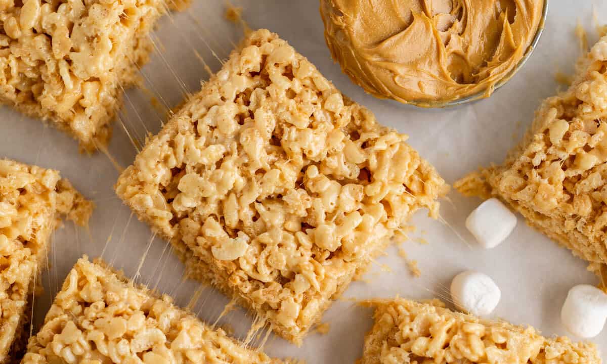 Close up overhead view of peanut butter Rice Krispie treats.