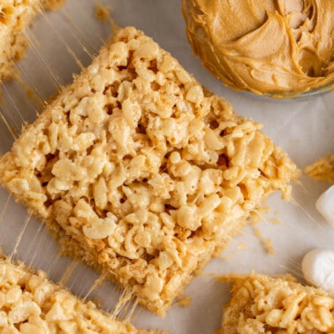 Close up overhead view of peanut butter Rice Krispie treats.