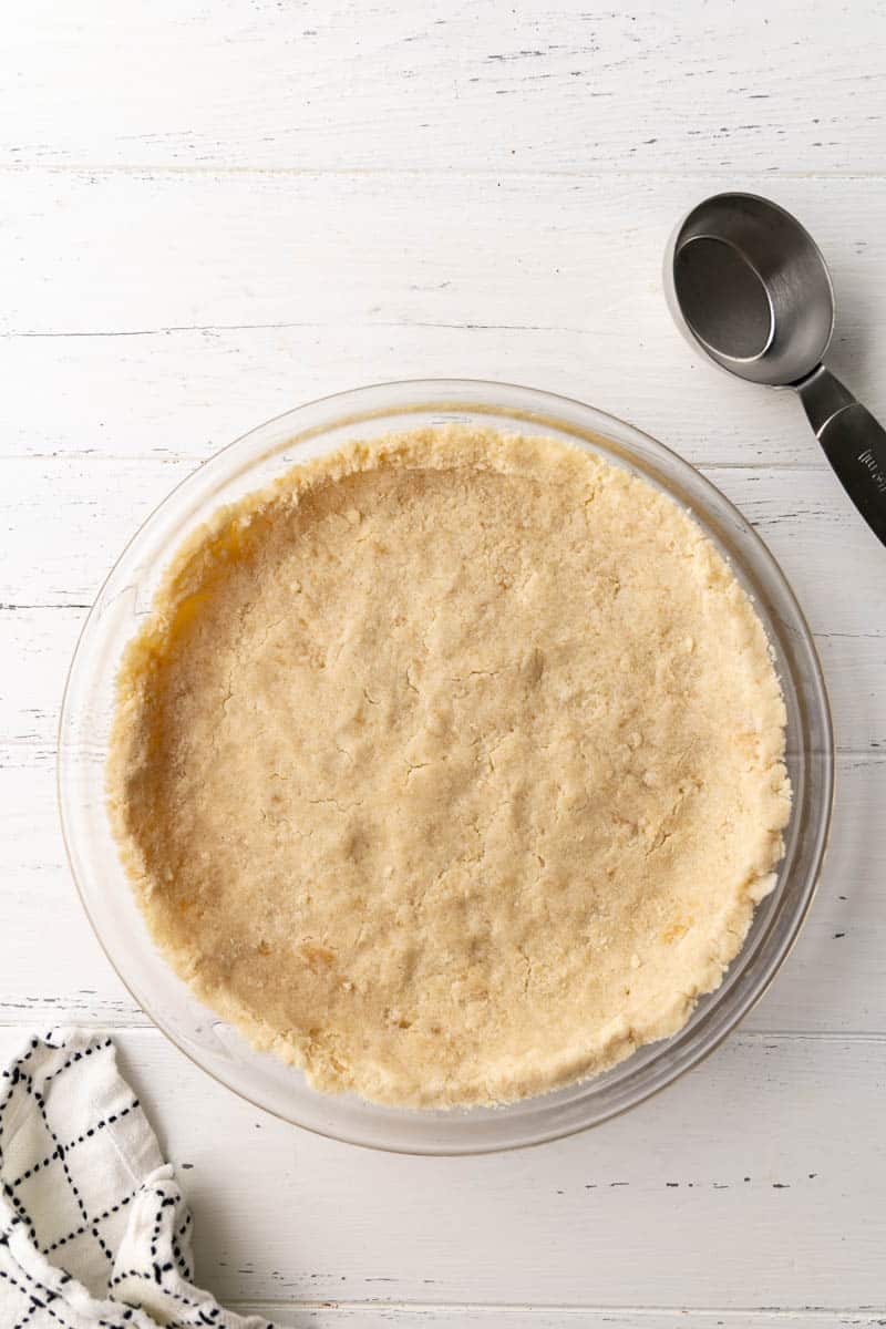 Overhead view of a shortbread graham cracker pie crust.