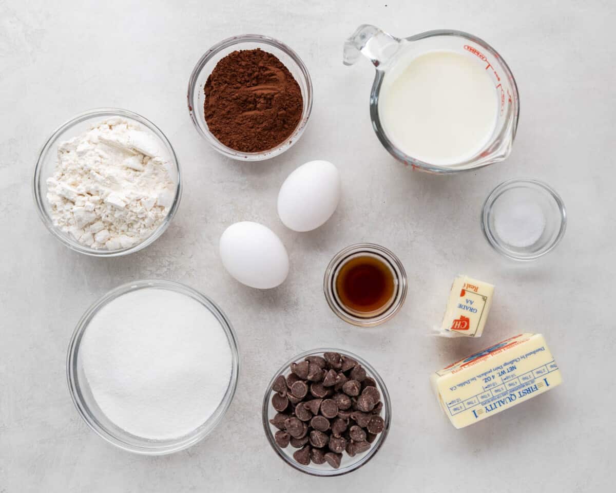 Raw ingredients spread out on a counter for making homemade brownies.