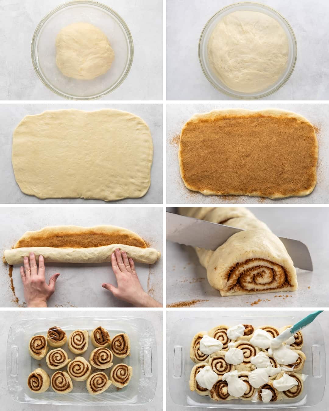 Process shots for making homemade cinnamon rolls.