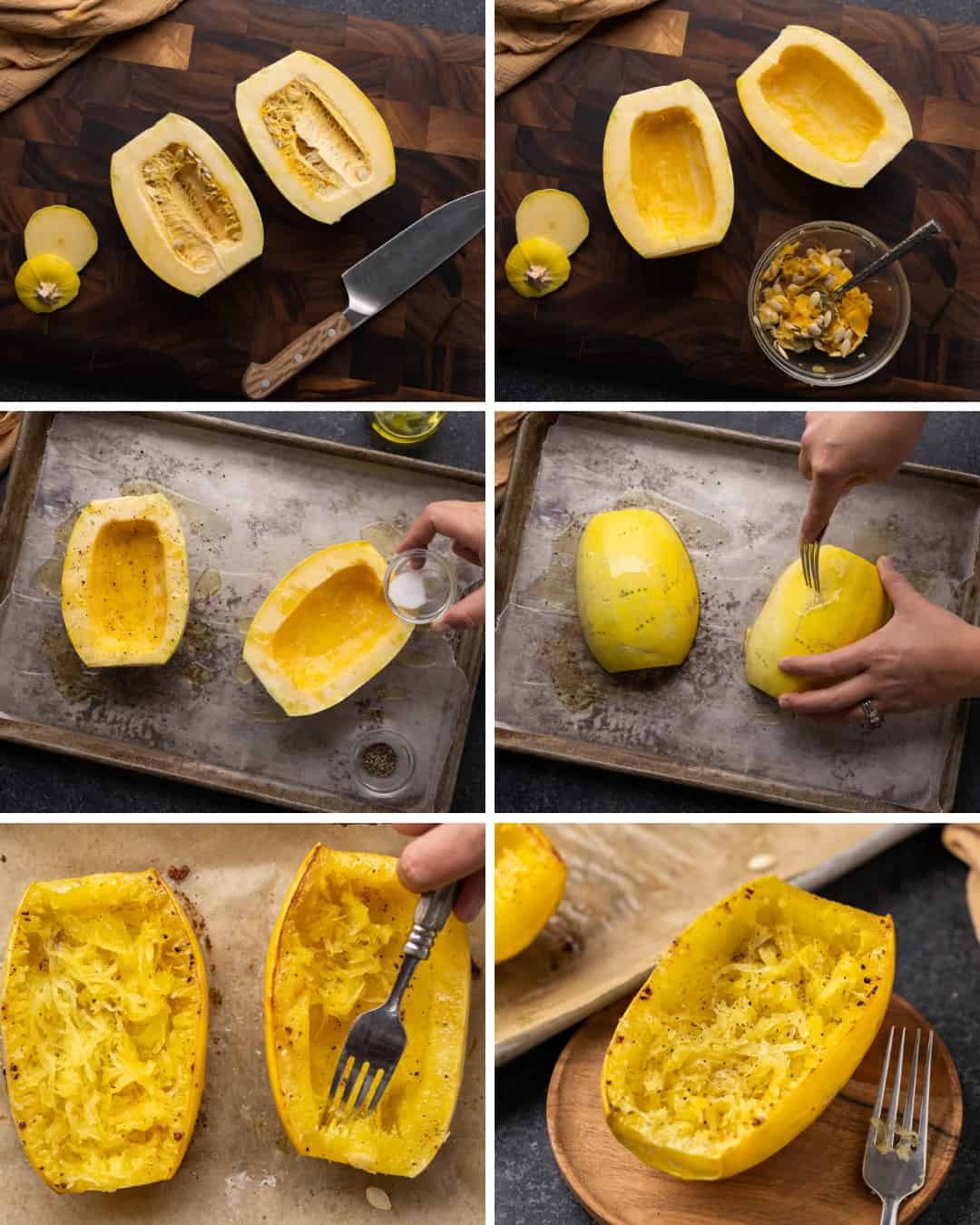 Edit photo collage to show how to make spaghetti squash from start to finish.