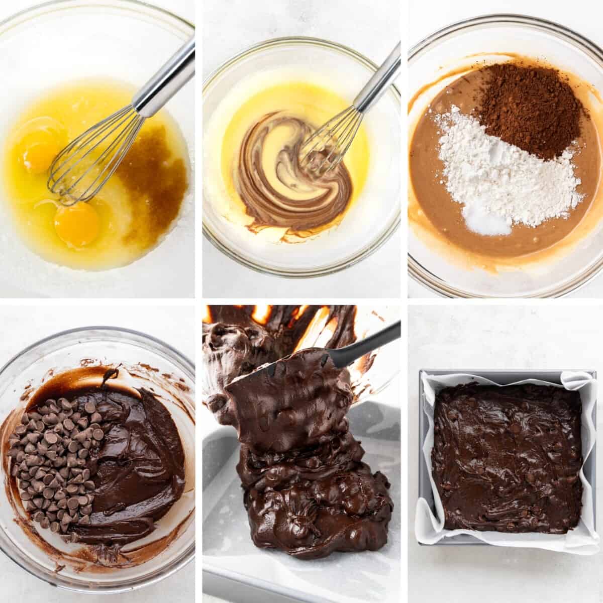 A collage of process shots to show step-by-step how to make brownies.