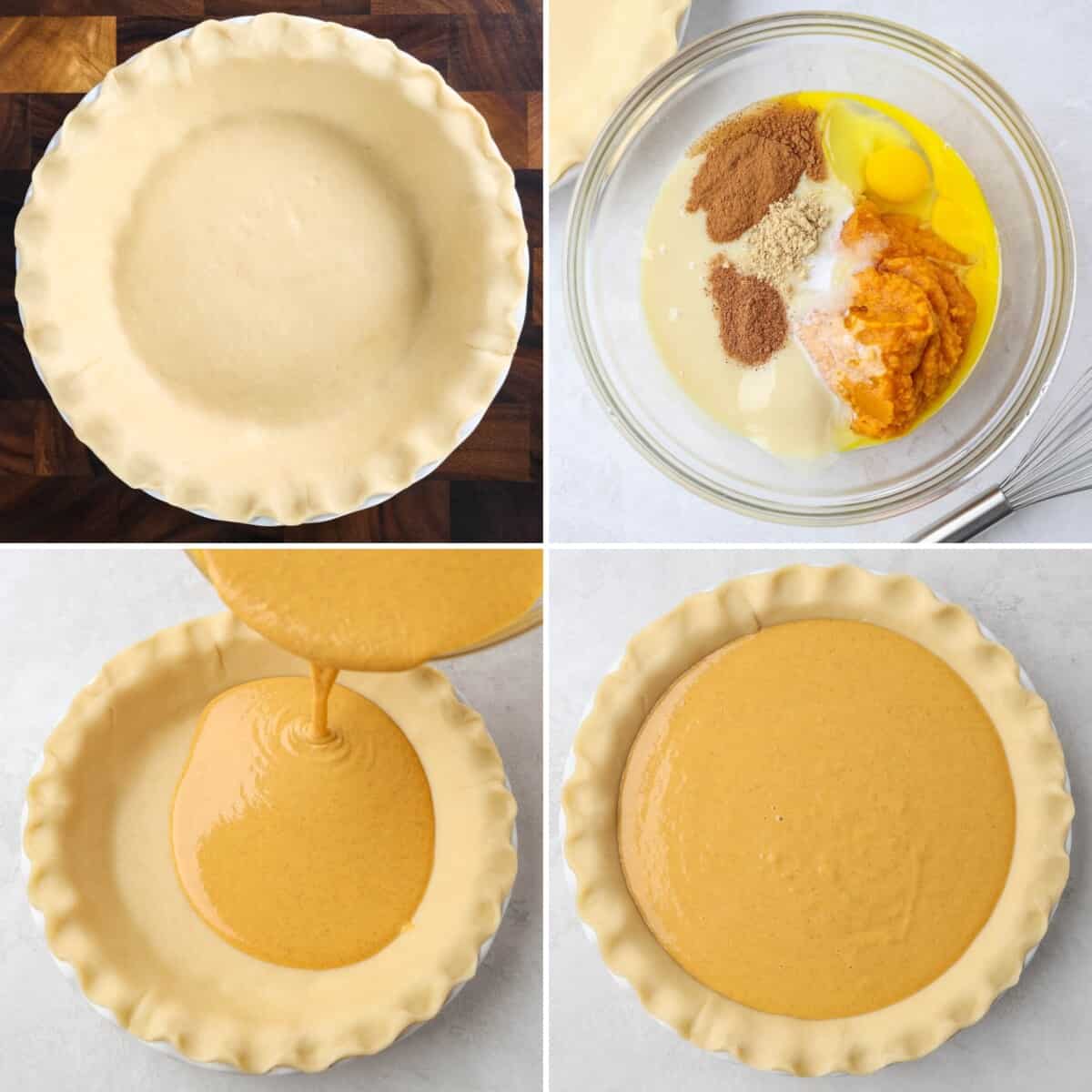 Photo collage of pumpkin pie making process with unbaked pie crust, raw ingredients in glass bowl, pouring pumpkin pie mixture into unbaked pie crust and a whole unbaked pumpkin pie.