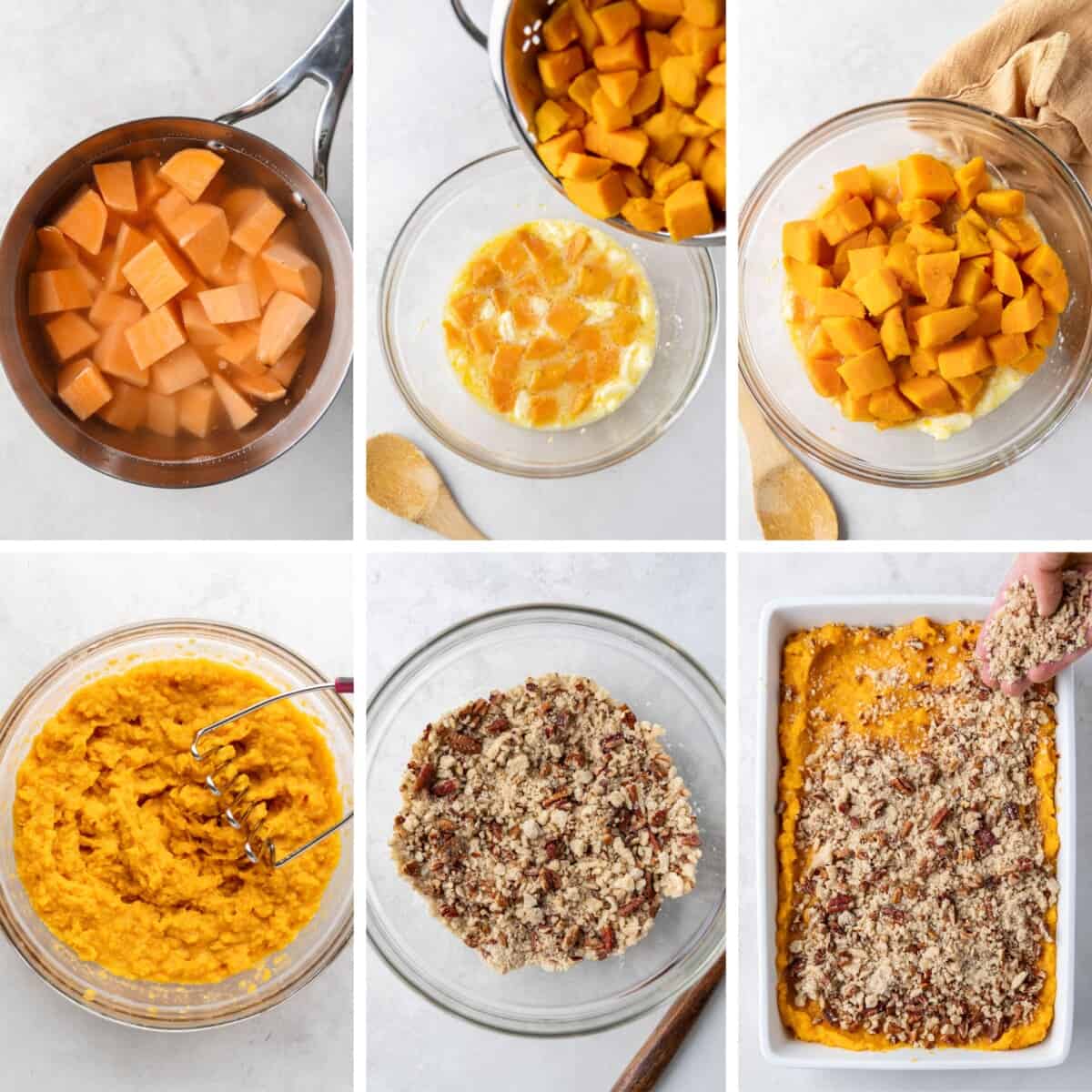 A grid of process photos showing the individual steps in preparing a sweet potato casserole.