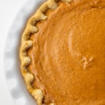 Close up overhead view of a pumpkin pie.