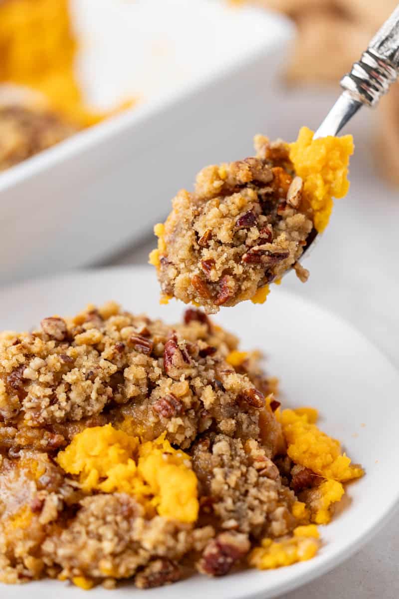 Sweet potato casserole on a white plate.