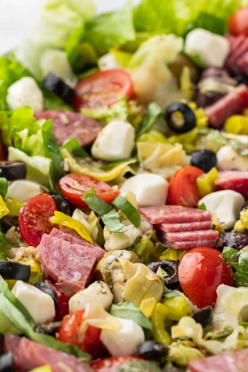 Close-up view of an antipasto salad.