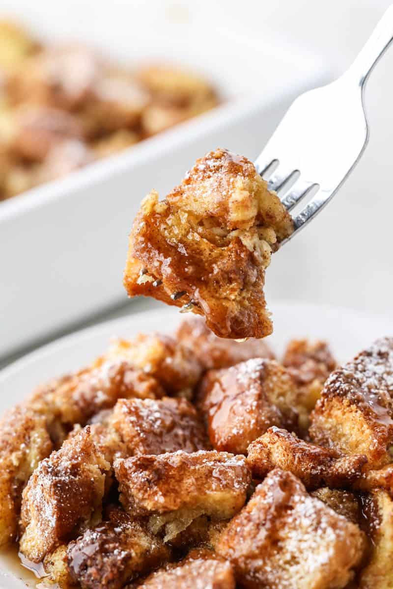 A forkful of French toast casserole.