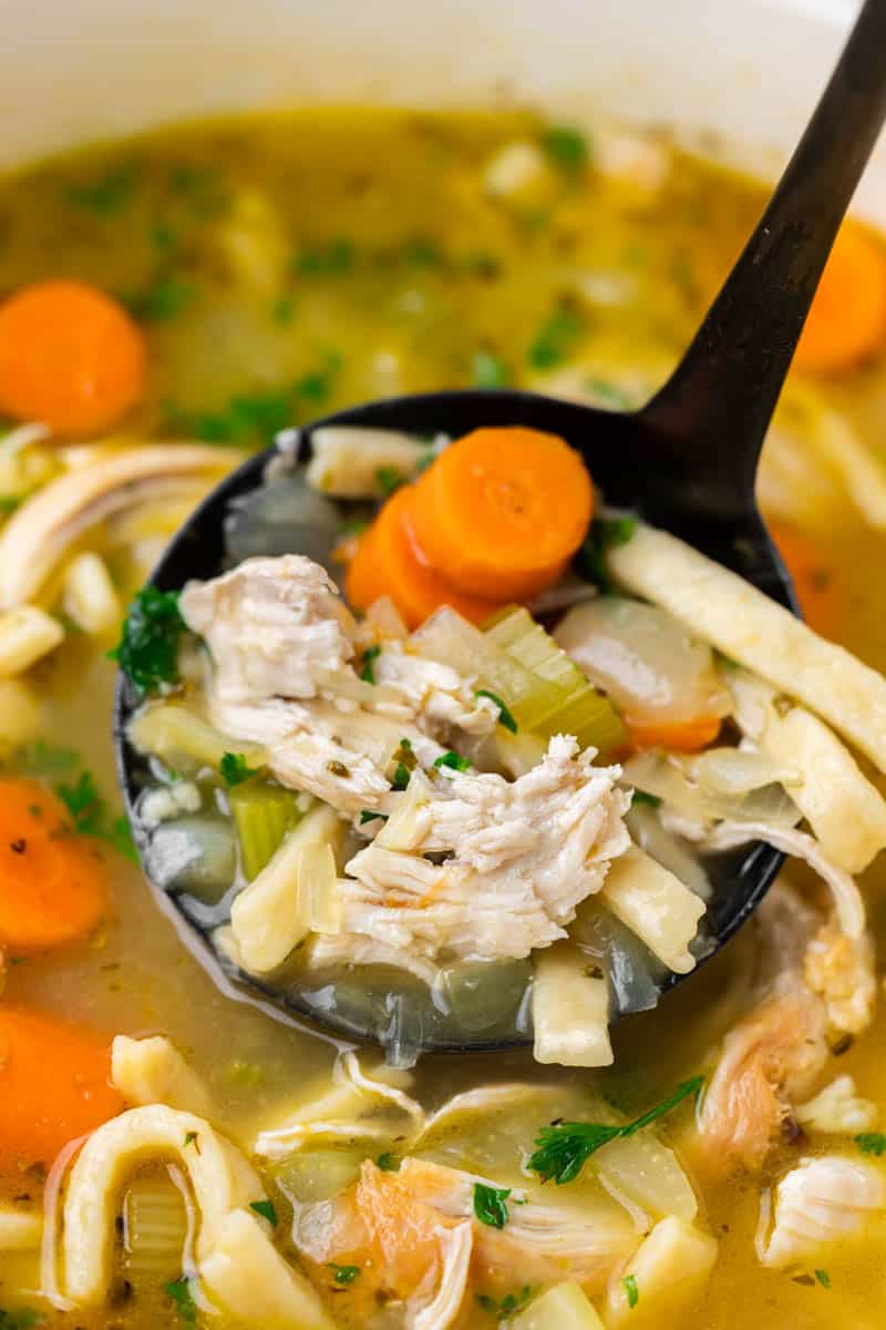 A ladle filled with homemade chicken noodle soup.