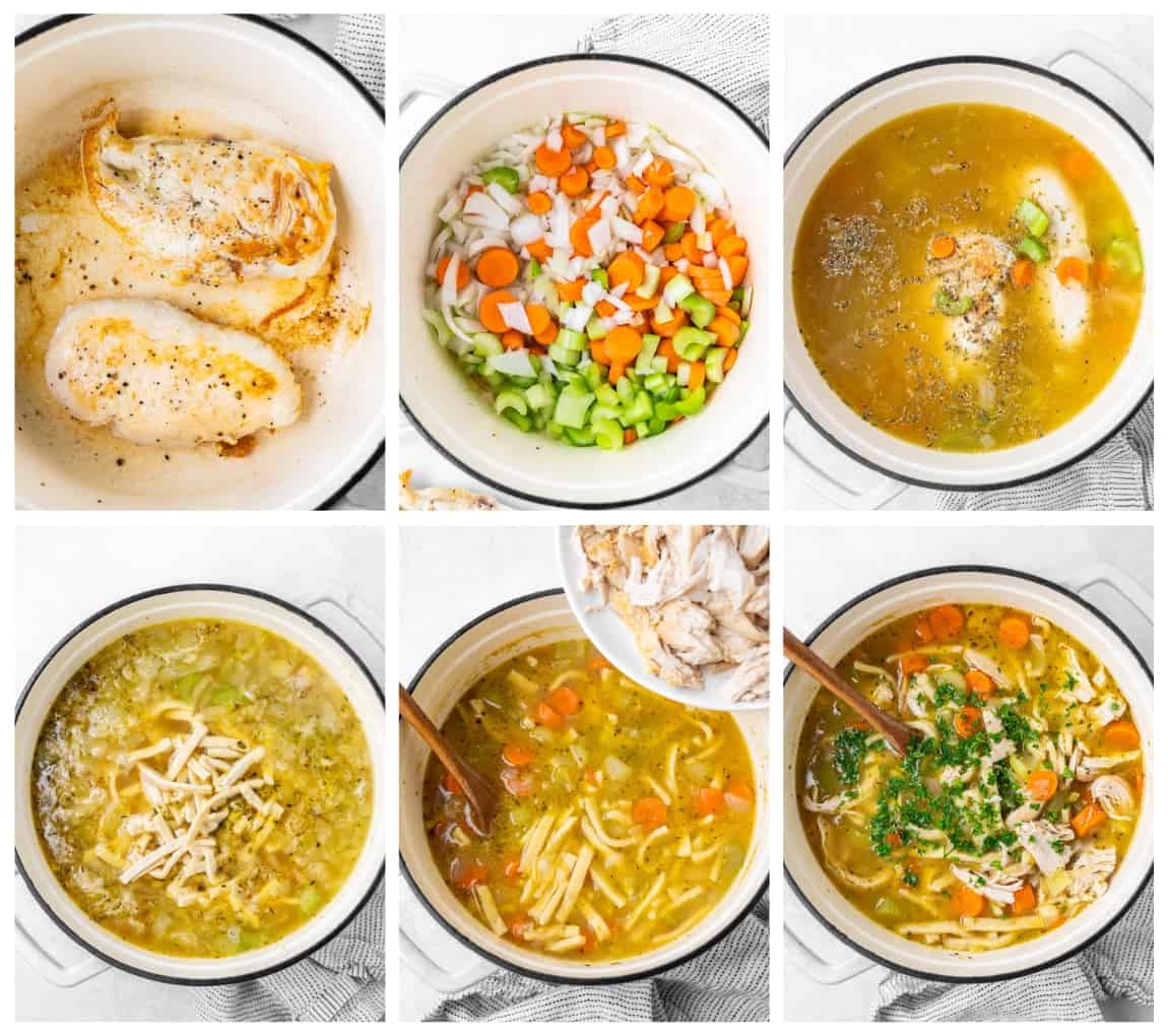 A collage of six images showing the process of how to make chicken noodle soup from start to finish.