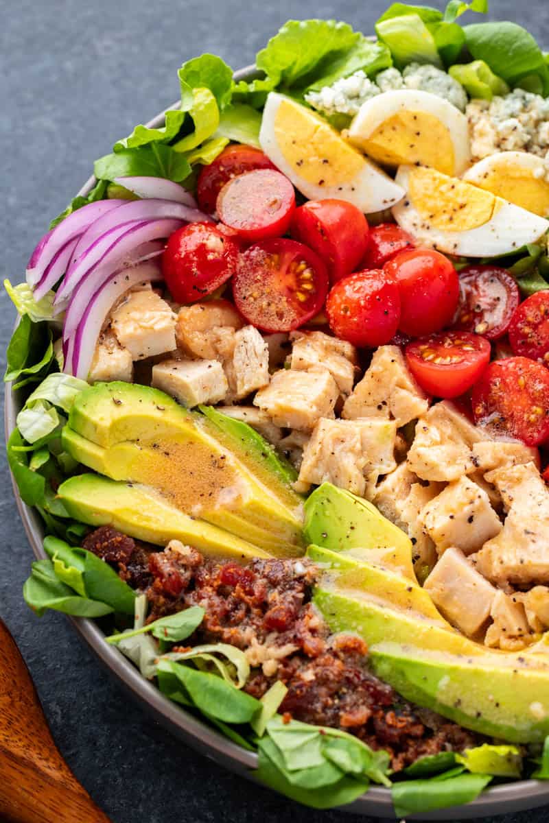 Overhead view of a Cobb Salad.