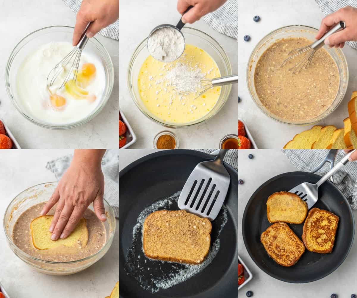A collage of six images showing the steps for how to make French toast from beginning to end.