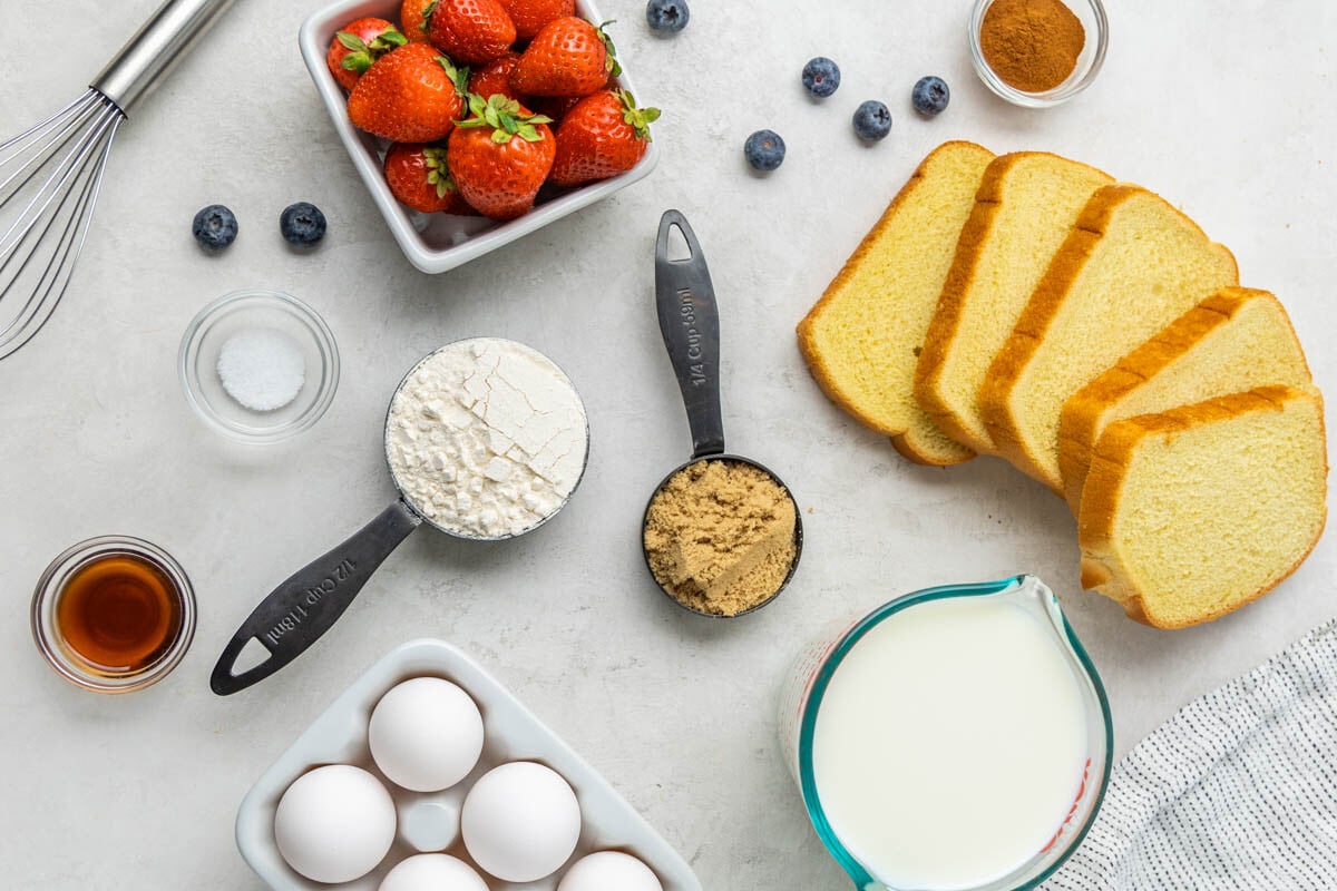 An overhead view of the ingredients to make french toast.