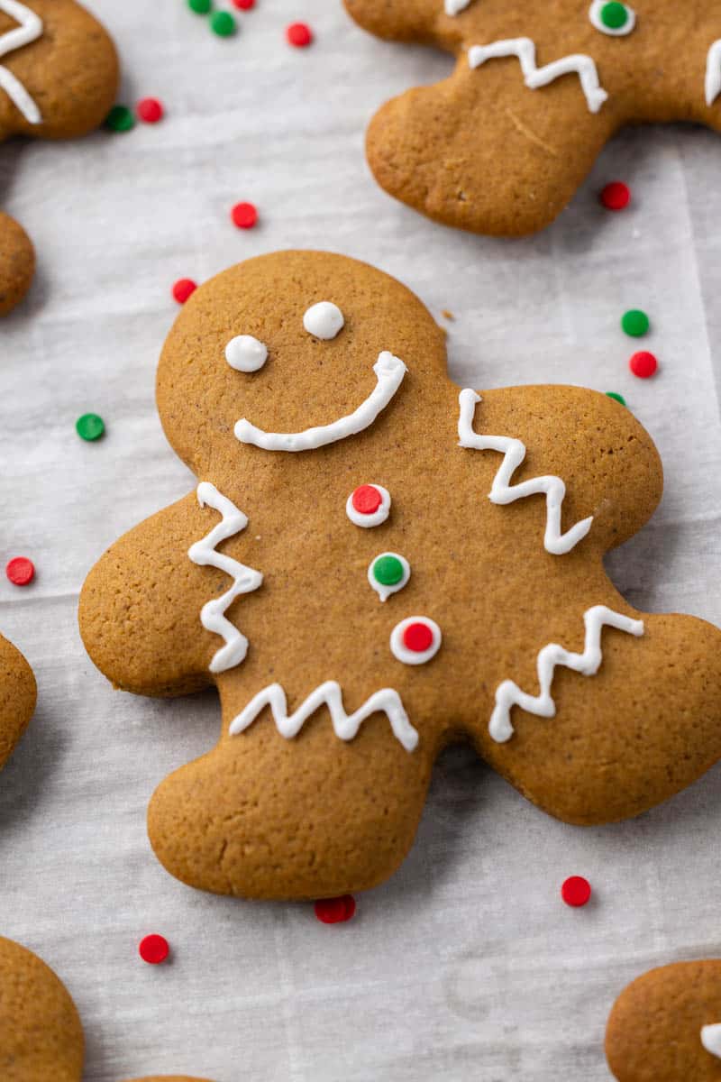 Close up overhead view of a gingerbread man cookie.