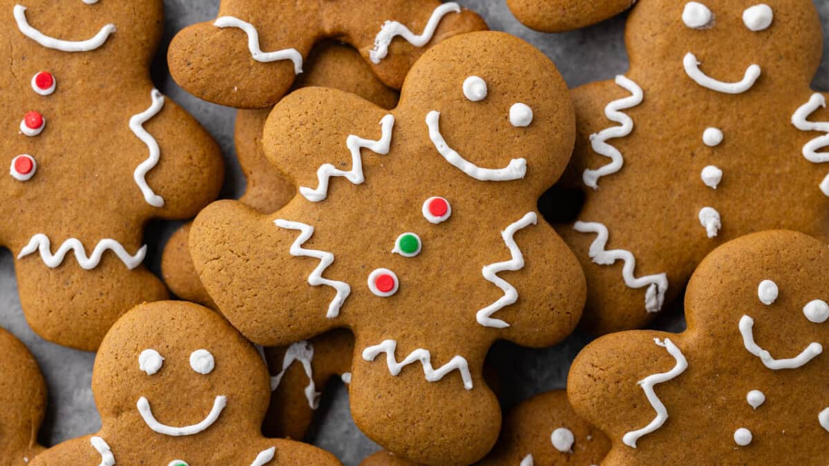 Close up overhead view of gingerbread men cookies.