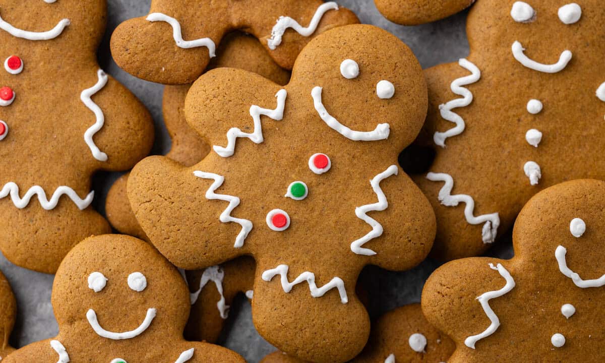 Close up overhead view of gingerbread men cookies.