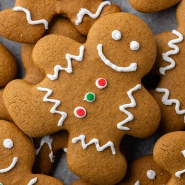 Close up overhead view of gingerbread men cookies.