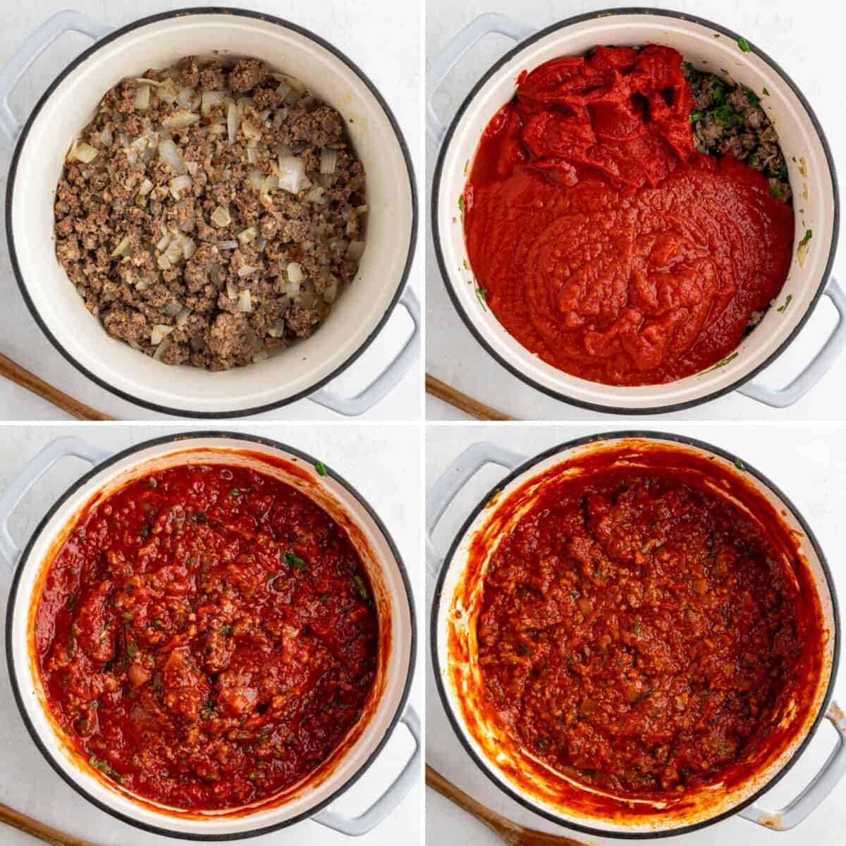 A collage of four images showing the process of how to make a homemade lasagna sauce from start to finish.