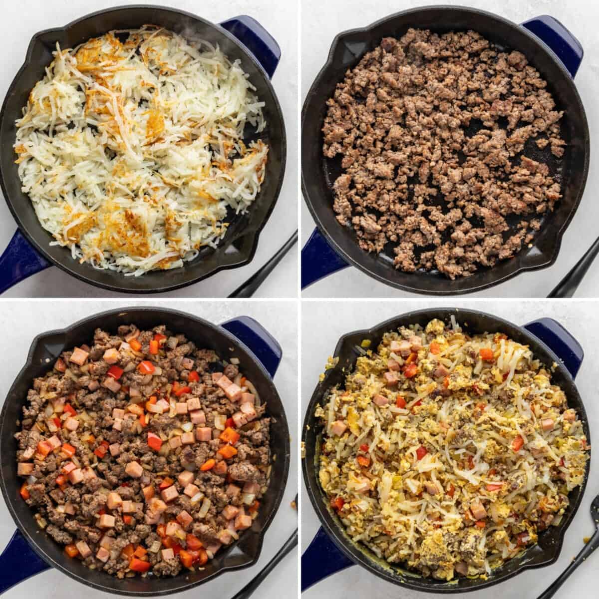 A collage of four images to show the process of how to make the breakfast burrito filling from start to finish.