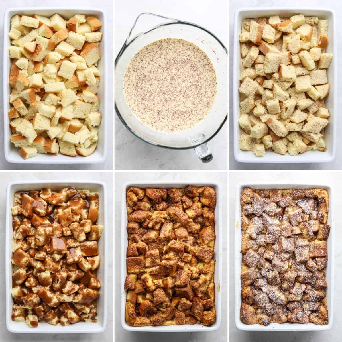 A collage of six images to show the process of how to make French toast casserole from start to finish.