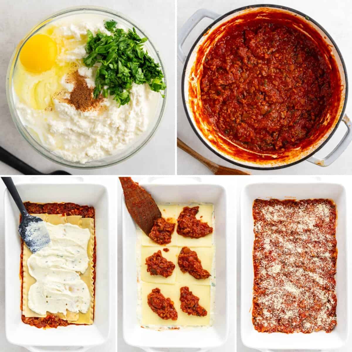 A collage of five images showing the process of how to make the sauce and then assemble a homemade lasagna.