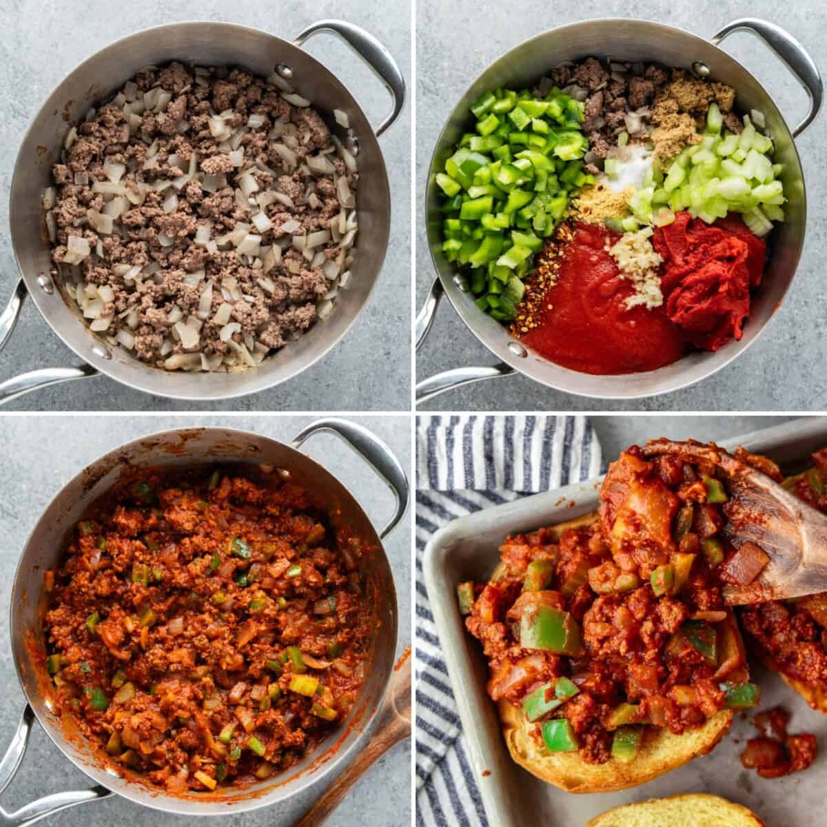 A collage of four images showing the process of how to make sloppy Joes from start to finish.