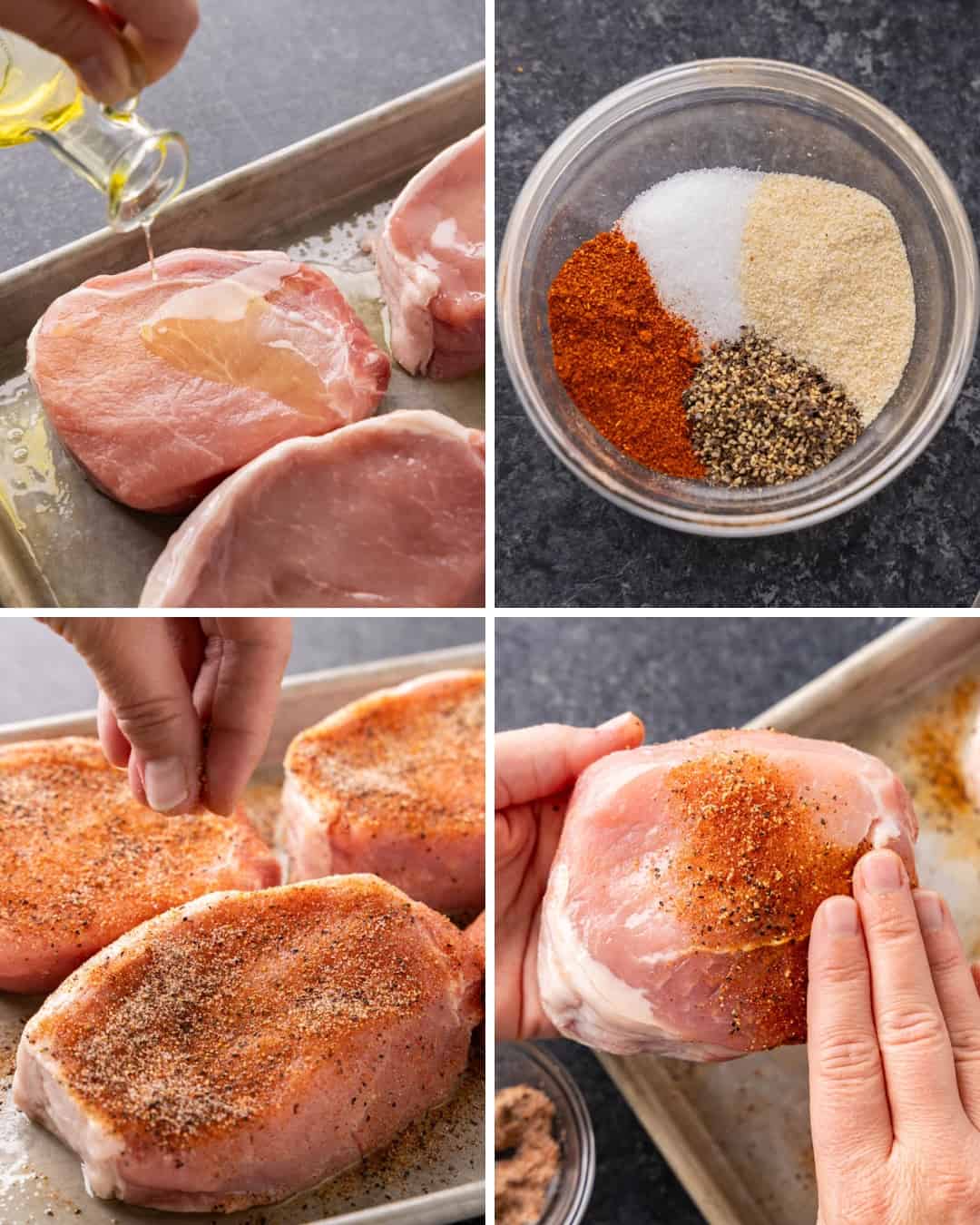 A collage of process shots showing how to make baked pork chops from start to finish.