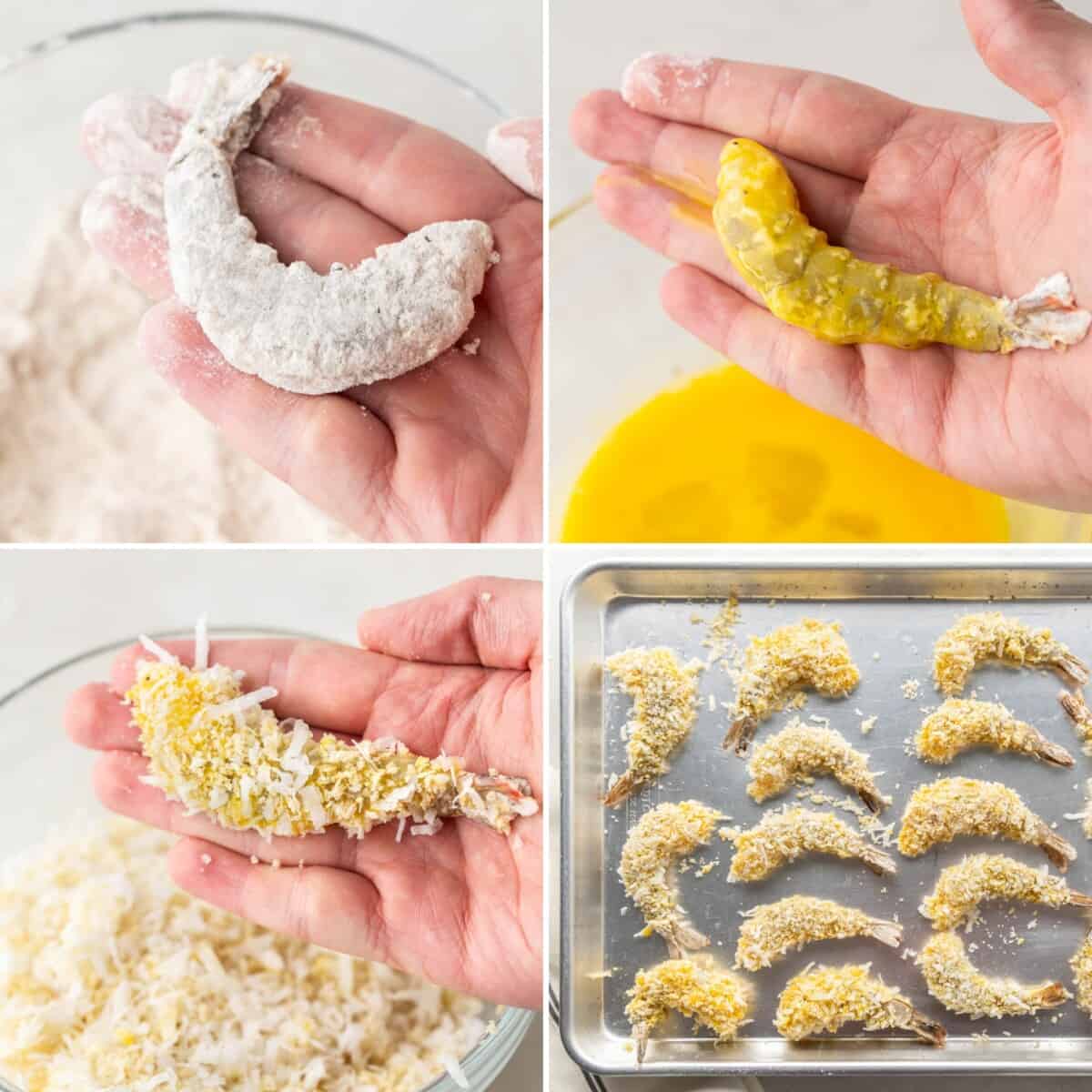 A collage of four images showing the process of how to make crispy coconut shrimp from start to finish.