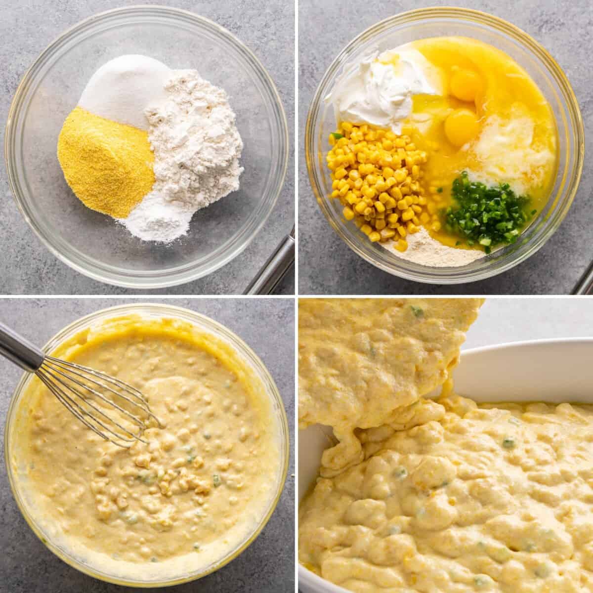 A photo collage of four images showing step by step how to make corn casserole.