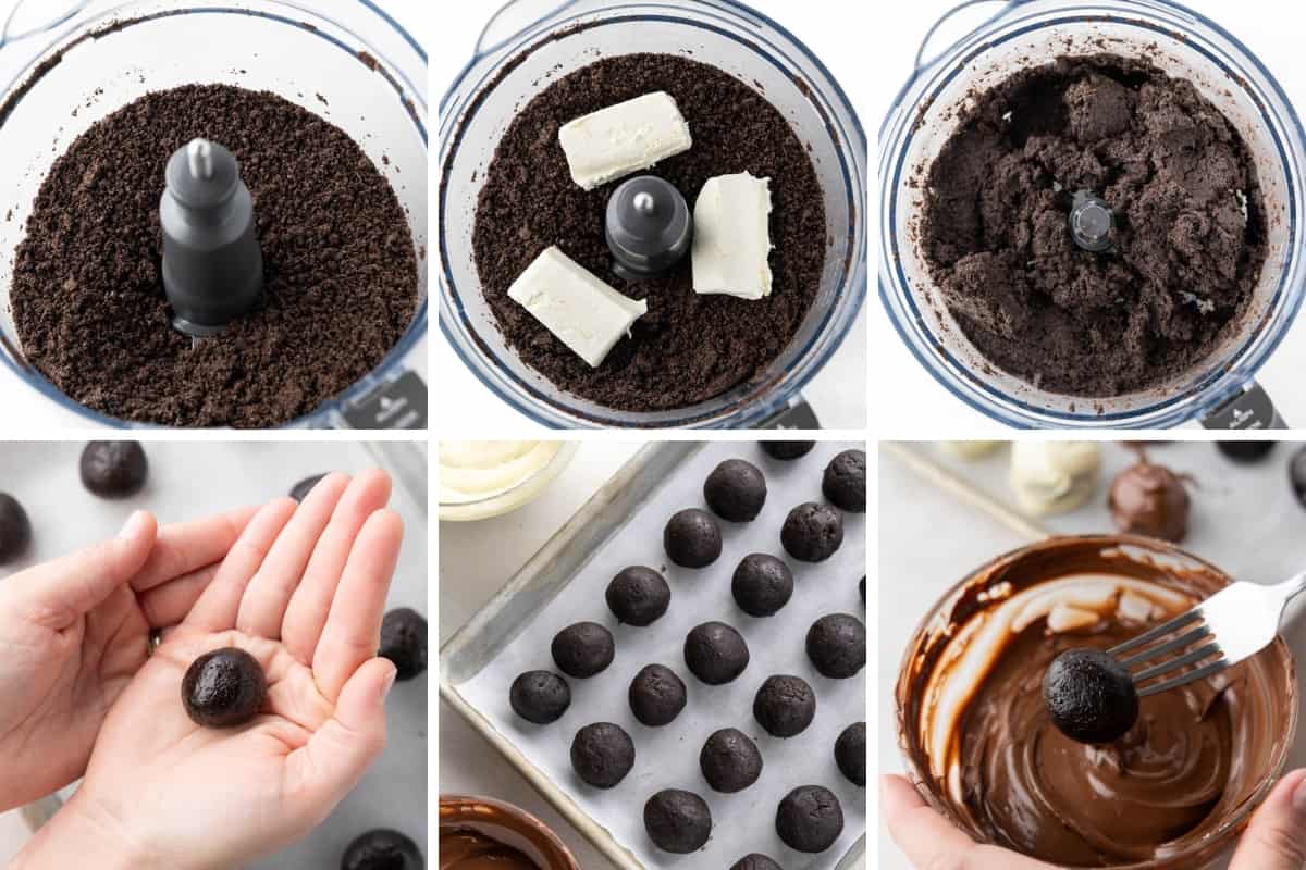 A collage of six images showing the process of how to make Oreo truffles from start to finish.