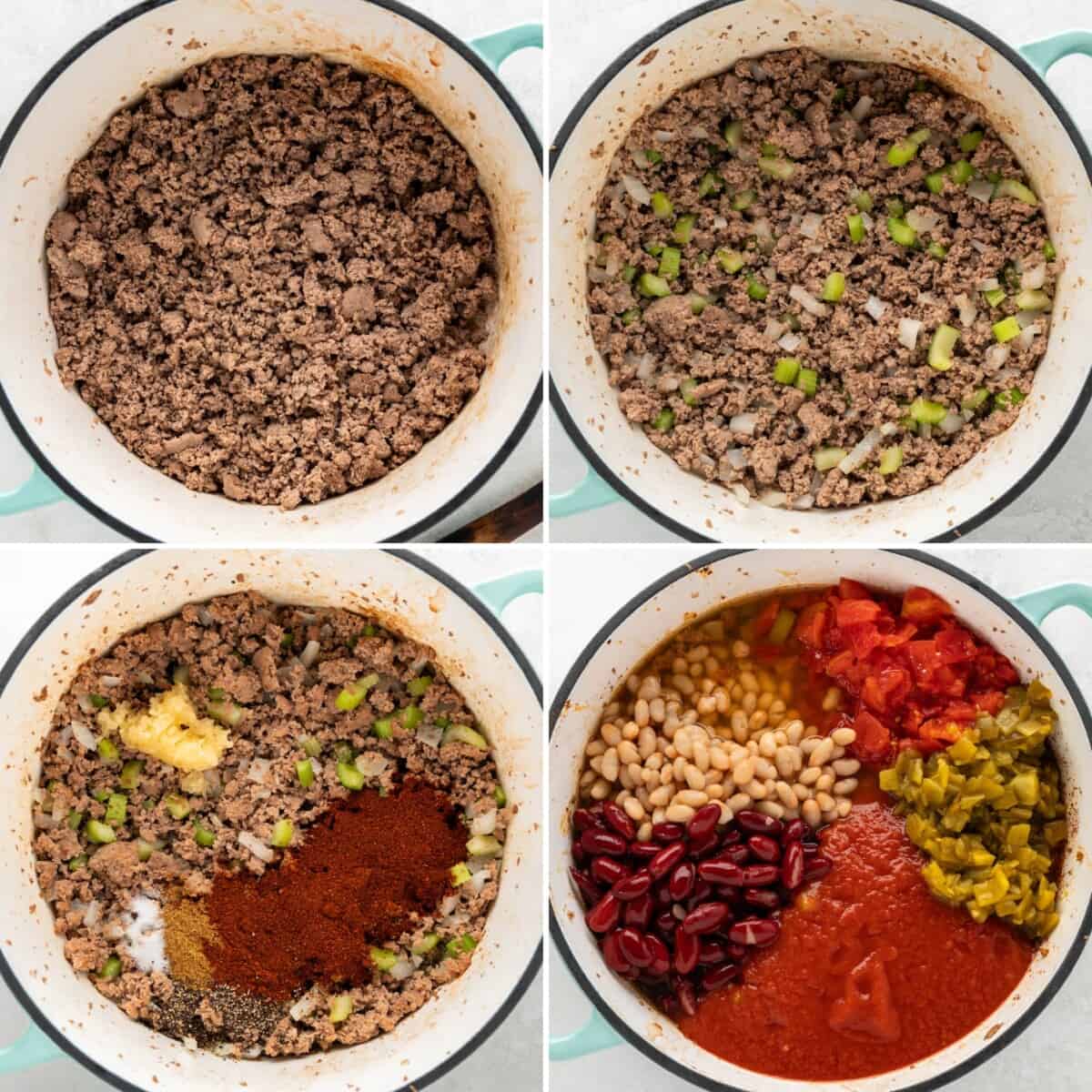 A collage of four images to show the process of how to make turkey chili from start to finish.