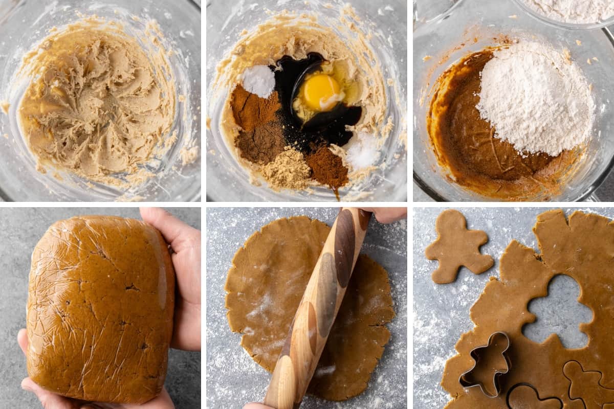A collage of process shot images to show how to make gingerbread cookies.