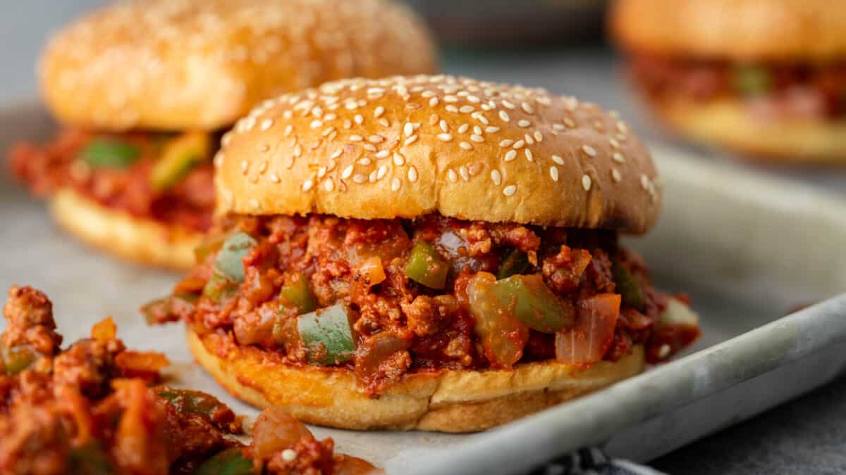 Close up view of sloppy Joes on a baking sheet.