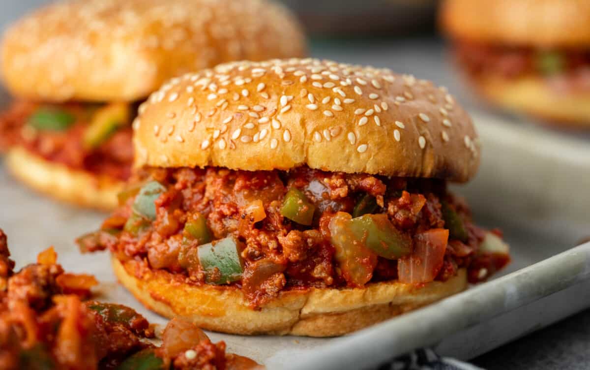 Close up view of sloppy Joes on a baking sheet.