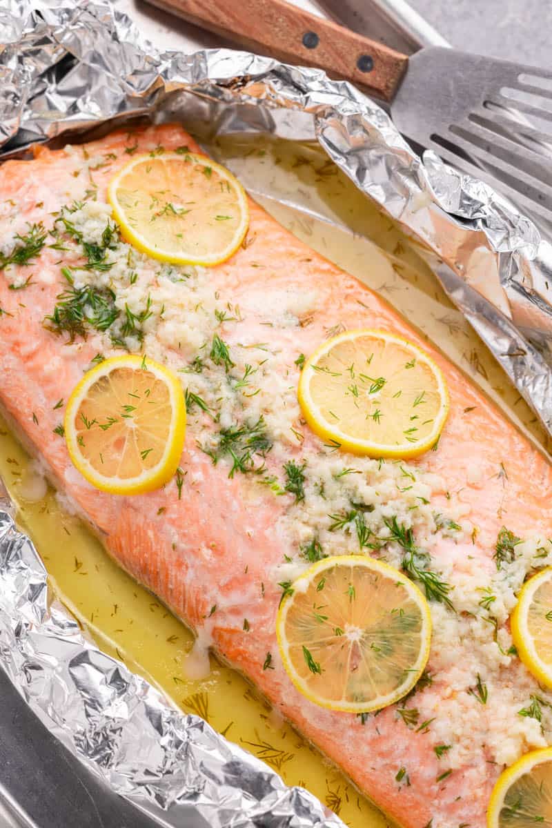 Close up overhead view of a baked salmon filet.