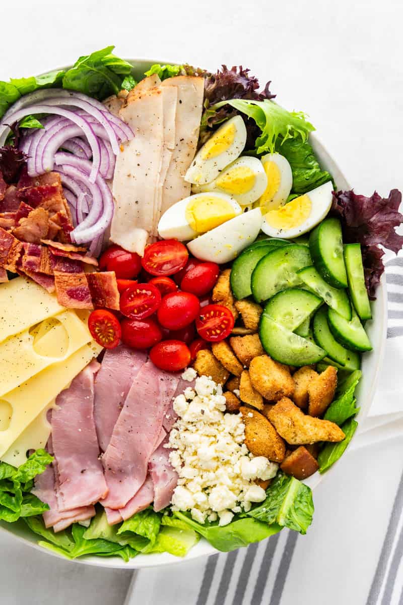 Close up overhead view of a chef salad.