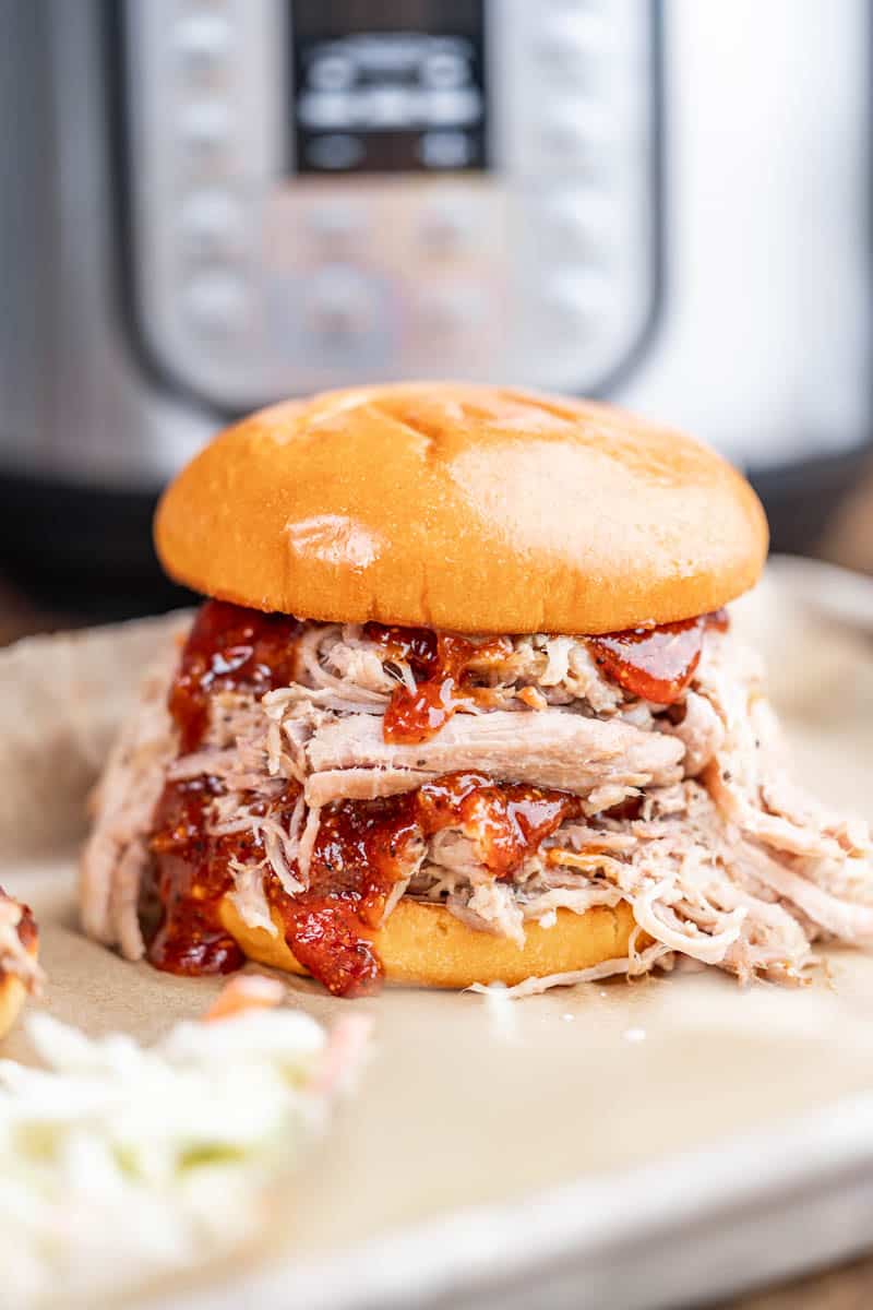 Close up of a bbq pork sandwich on a large tray with homemade bbq sauce.