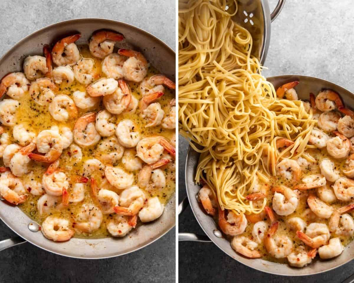 Collage of two images showing the process of how to make shrimp scampi.