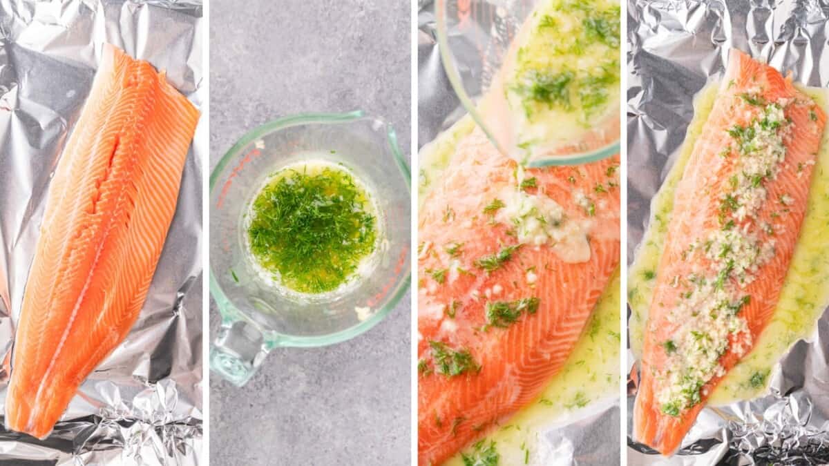 A collage of four images showing the process of how to make baked salmon from start to finish.