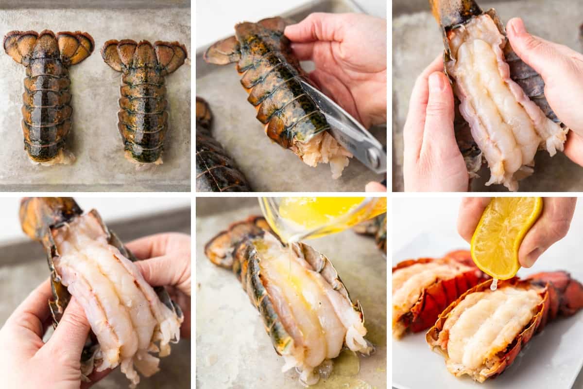 A collage of six images that show the process of how to broil lobster tails from stat to finish.