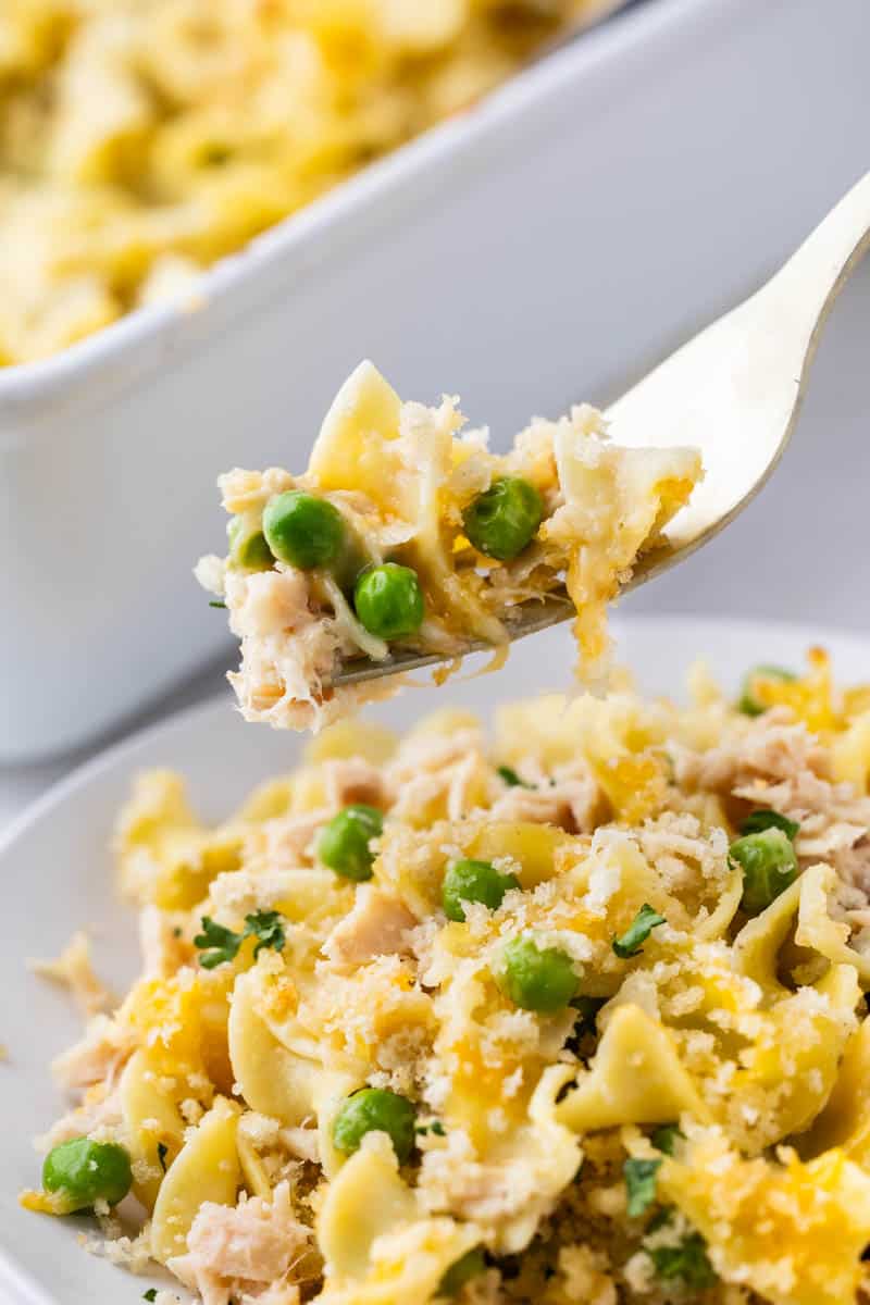 A fork holding up a bite of tuna casserole over their plate.
