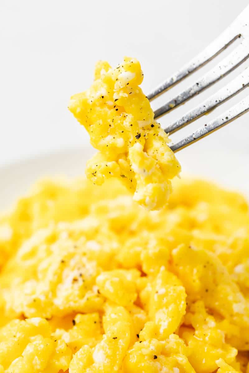 A bite of scrambled eggs stuck on the prongs of a fork.