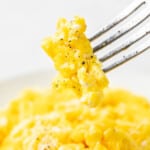 Close up view of a bite of scrambled eggs on a fork.