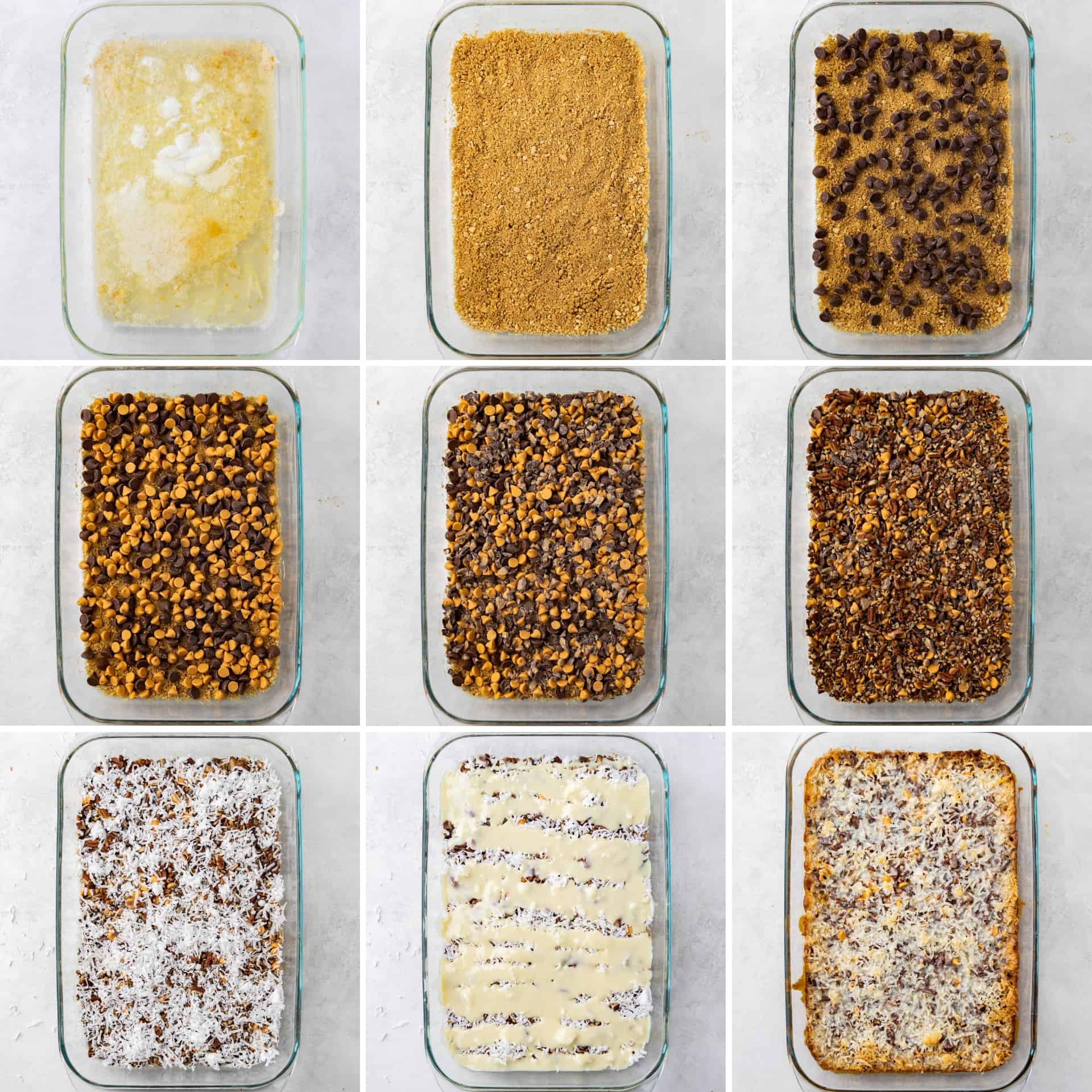 A collage of 9 images showing the process of making and layering all of the ingredients in a 9x13 pan for 7 layer bars.