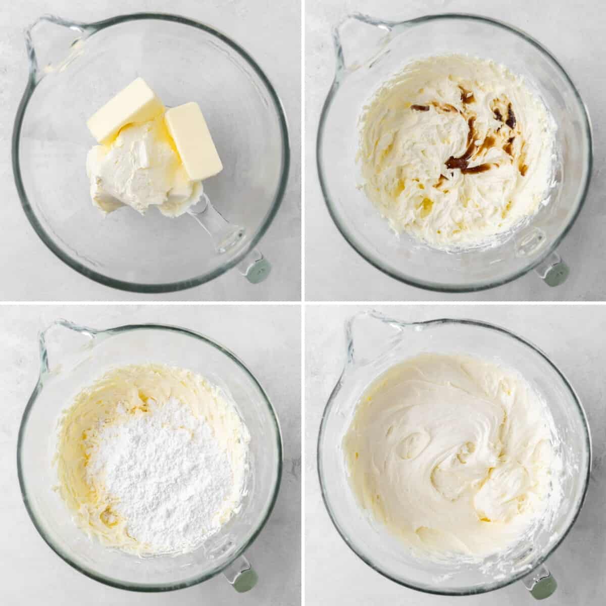 A collage of four images of a large glass measuring cup showing the various stages of making cream cheese frosting and adding the ingredients into the bowl and mixing together.
