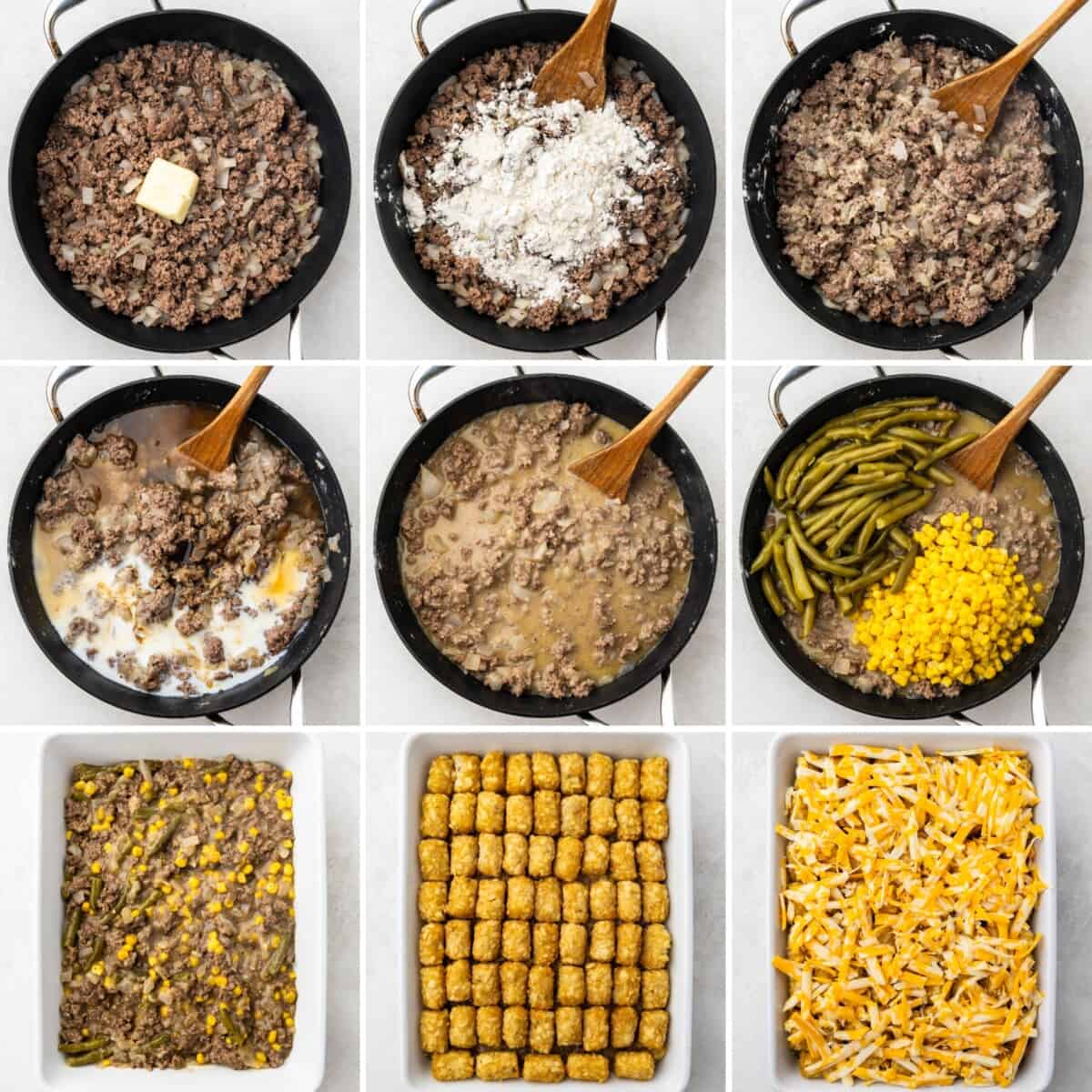A collage of nine images showing the process of making tater tot casserole from start to finish.