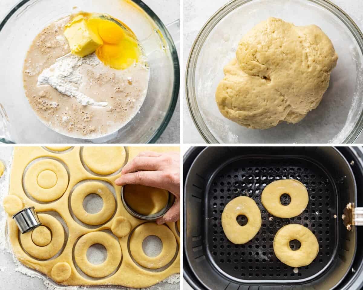 A collage of four images showing the process of how to make glazed donuts in an air fryer.