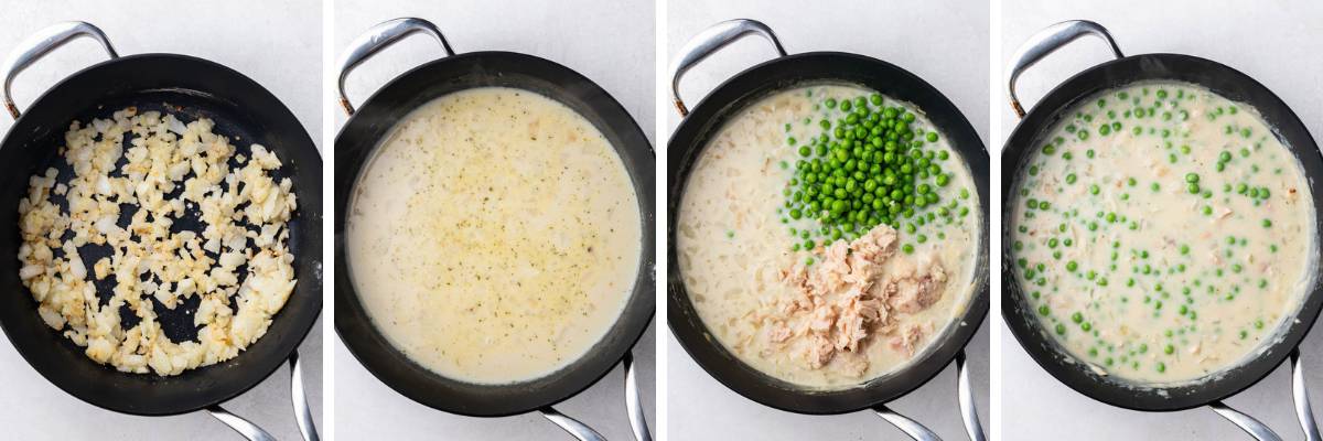 A collage of four images showing the process of how to make the casserole gravy.
